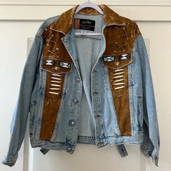 Vintage Authentic Johnny Hallyday Western Passion Denim and Suede Jacket Size M - Picture 1 of 13